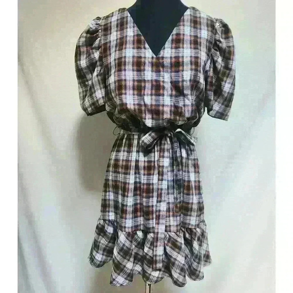 NWOT Skies Are Blue Medium Dress Elastic Waist With Tie Hem Ruffle Mutton Sleeve - Picture 1 of 9
